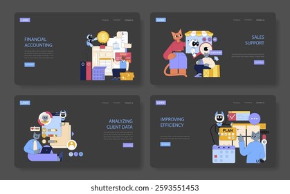 Business processes illustration showcasing key areas like financial accounting, client data analysis, sales support, and efficiency improvement. Engaging visual elements promote understanding of each
