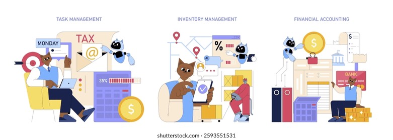 Business processes illustration showcasing task management, inventory management, and financial accounting. It illustrates various roles and tools utilized in modern business operations. Vector