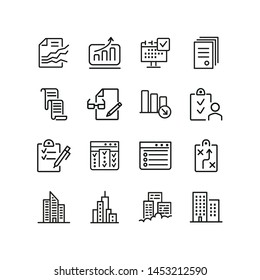 Business processes line icon set. Graphs, analytics, reports, office building. Business concept. Can be used for topics like exchange market, trading, analysis