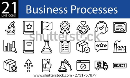 Business processes line icon set in outline style, research lab, education book, quality check, teamwork handshake, and delivery truck