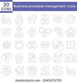 Business processes management icons set. Administration resources, customer service. Isolated vector illustrations.