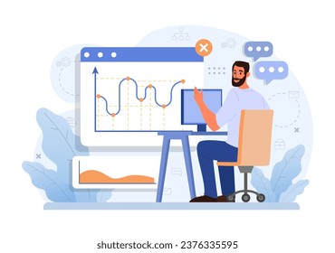 Optimización de procesos empresariales. Empleados productivos analizando datos de marketing y gestión. Seguimiento del desempeño, desarrollo del negocio y crecimiento. Ilustración vectorial plana
