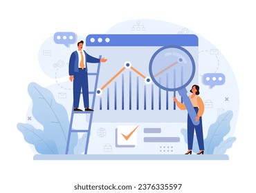 Business processes optimization. Productive employee analyzing marketing and management data. Performance tracking, business development and growth. Flat vector illustration