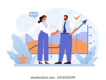 Business processes optimization. Productive employee analyzing marketing and management data. Performance tracking, business development and growth. Flat vector illustration