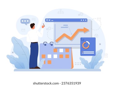 Business processes optimization. Productive employee analyzing marketing and management data. Performance tracking, business development and growth. Flat vector illustration