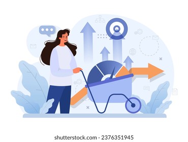 Business processes optimization. Productive employee analyzing marketing and management data. Performance tracking, business development and growth. Flat vector illustration