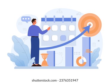 Business processes optimization. Productive employee analyzing marketing and management data. Performance tracking, business development and growth. Flat vector illustration