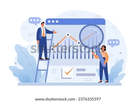 Business processes optimization. Productive employee analyzing marketing and management data. Performance tracking, business development and growth. Flat vector illustration