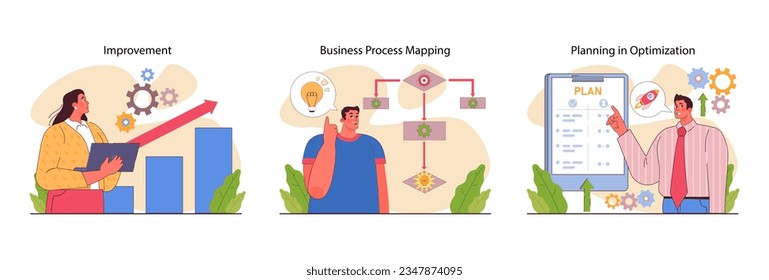 Business processes optimization set. Productive employee with efficient work method. Performance for better business optimization, development and growth. Flat vector illustration