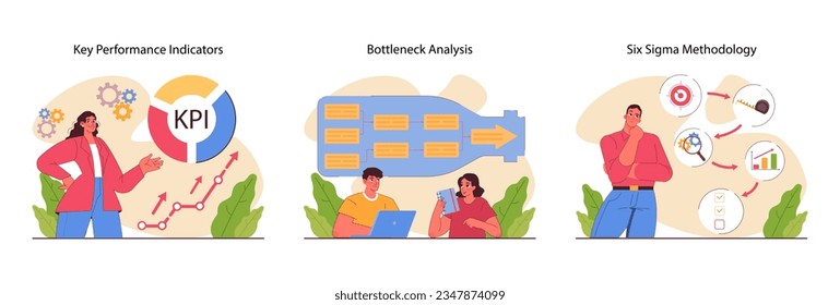 Business processes optimization set. Productive employee with efficient work method. Performance for better business optimization, development and growth. Flat vector illustration