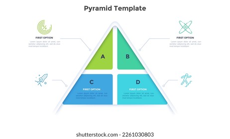 Business processes presentation pyramid infographic design template. Corporate management 4 steps. Innovative solutions for company. Triangular chart with icons. Visual data materials