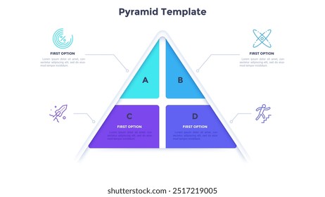 Plantilla de diseño de infografía de pirámide de presentación de procesos comerciales. Gestión Corporativa 4 pasos. Soluciones innovadoras para la empresa. Gráfico triangular con iconos. Materiales de datos visuales