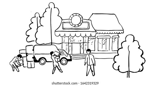 Business processes, product delivery to the store in cartoon style. Development and growth, private enterprise. Vector illustration