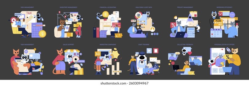 Business Processes set. A comprehensive overview of modern business practices illustrated through various essential processes. Focuses on task management, financial accounting, marketing, and