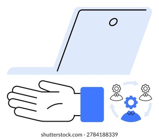 Business processes, teamwork, management systems, workflow automation, technology integration, collaboration. A laptop, hand and interconnected gear icons. Workflow automation and teamwork concepts