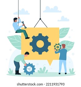 Business Processes, Technical Project Settings And Effective Organization With Tiny People. Cartoon Team Of Employees Work With Gears And Cogwheels Flat Vector Illustration. Engineering Concept