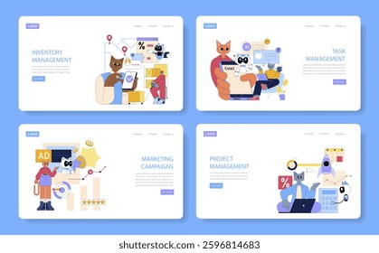 Business processes vector illustration showcasing key areas like inventory management, task management, marketing campaigns, and project management. Each section features engaging characters and icons