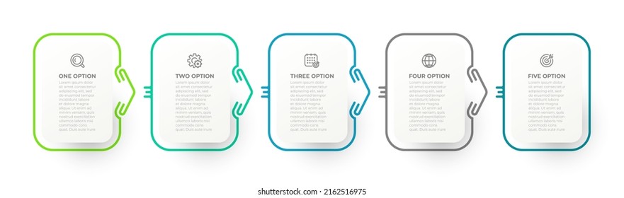 Business Processes. Vector illustration template for business steps with 5 options, arrows and marketing icons.