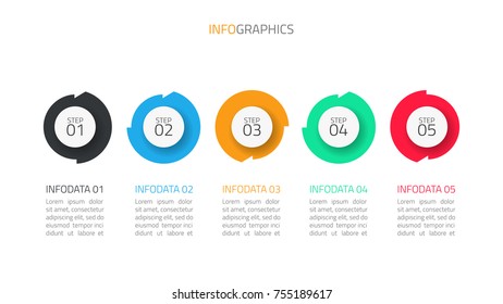 Business processes.Timeline infographics template with 5 steps, options, process page design, arrows.Vector illustration