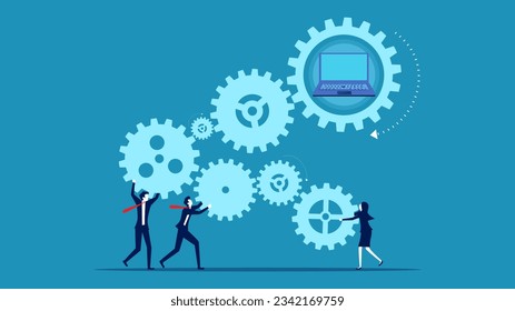 business processing. Business team connected gears with laptop 