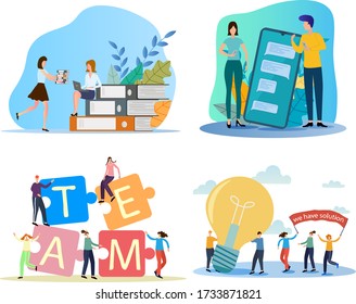 Business process.Online communication.Teamwork.Start-up.A set of illustrations for the design.Flat vector illustration.