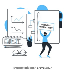 Business productivity. Boy is holding a signboard. Online store vector illustration. Blue person with sign.