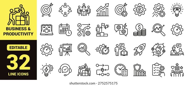 Conjunto de íconos de negocios y productividad con Elementos de estrategia, trabajo en equipo, análisis, planificación, liderazgo, marketing, optimización y desarrollo corporativo de alto rango en estilo moderno de Vector de arte lineal