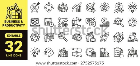 Business and productivity icon set with strategy, teamwork, analytics, planning, leadership, marketing, optimization, and high‑ranking corporate development elements in modern line‑art vector style