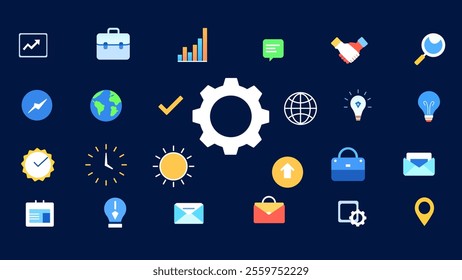 Business and Productivity Icons on Dark Blue Background Illustration