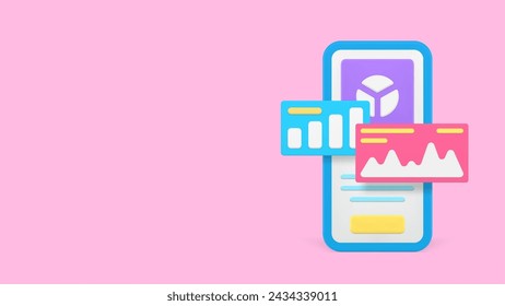 Business productivity information analyzing smartphone app banner copy space 3d icon realistic vector illustration. Management efficiency statistic control monitoring data graph chart mobile phone app