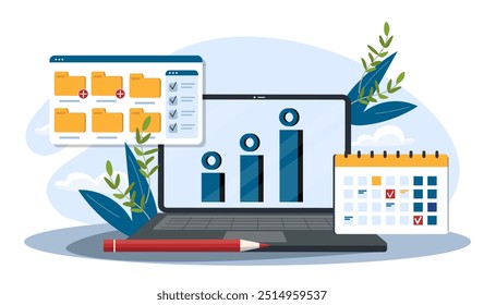 Business productivity at laptop. Graphs and diagrams on computer screen. Financial and marketing analysis for traders and investors. Statistics and infographics. Flat vector illustration