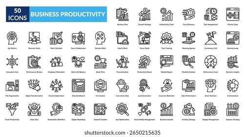 conjunto de ícones da linha de produtividade da empresa. Plano de negócios, Estratégia de crescimento, Gráfico de produtividade, Eficiência no tempo, Gerenciamento de tarefas, Tarefas prioritárias, Métricas de KPI