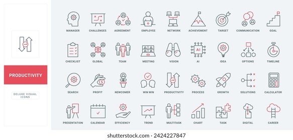 Business productivity line icons set. Office meeting presentation in team, profit and career of effective employee, multitask efficiency skills thin black and red outline symbols, vector illustration