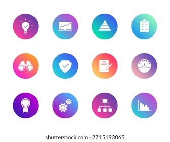 Business, Produktivität, Organisation. Vektorgrafik mit 12 runden Farbverlaufssymbolen mit Diagramm, Zahnrädern, Zwischenablage und Pyramide für Benutzeroberfläche und Strategiedesign.