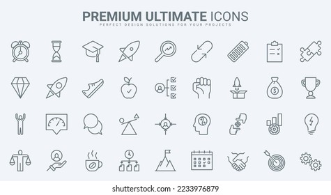 Business productivity, personal motivation and career growth thin line icons set vector illustration. Abstract outline competitive solution, willpower of potential proactive leader, time management