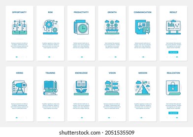 Business productivity, recruiting and education vector illustration. UX, UI onboarding mobile app page screen set with line leader employee recruitment, training technology for productive office work