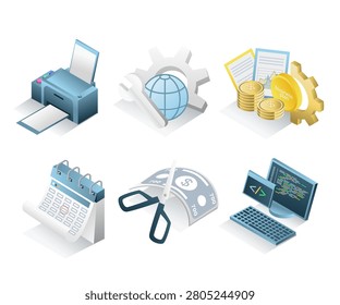 Business Productivity and Software Development Icons Set with Printing Global Management Financial Planning Calendar Budget and Programming