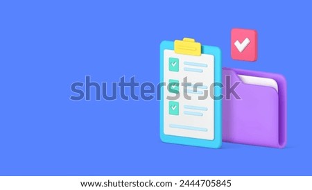 Business productivity time management document checklist banner copy space 3d icon realistic vector illustration. Paperwork archive administration organization efficient control file folder to do list
