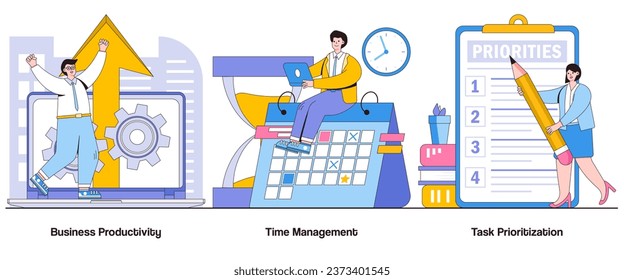 Business productivity, time management, task prioritization concept with character. Productivity optimization abstract vector illustration set. Efficiency hacks, workflow management metaphor.