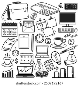 Business and Productivity Vetor Doodle Set Uma coleção abrangente de doodles vetoriais em preto e branco que representam vários itens com temas de negócios e produtividade.