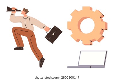Business productivity, workplace efficiency, innovation, workflow management, business tools, motivation. Man running with a briefcase and megaphone beside a gear and laptop. Business productivity