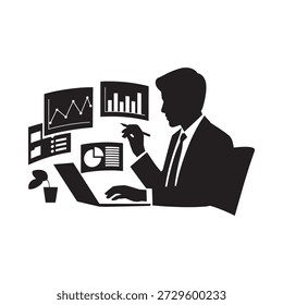 Business professional analyzes data charts and graphs using a laptop