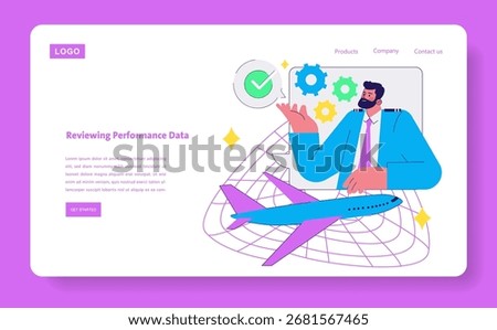 Business professional analyzing aviation data with gears and airplane graphics on computer screen. This vector illustration showcases performance review in the aviation industry.
