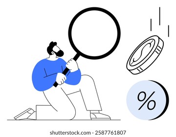 Business professional analyzing large coin and percentage symbol with magnifying glass. Ideal for finance, investment, budgeting, savings, economic analysis, business strategy, and financial insight