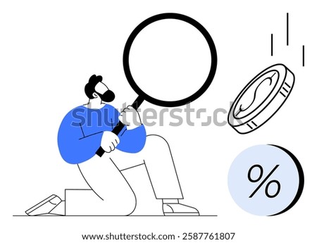 Business professional analyzing large coin and percentage symbol with magnifying glass. Ideal for finance, investment, budgeting, savings, economic analysis, business strategy, and financial insight