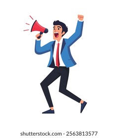 Business professional announcing with a megaphone, symbolizing motivation, achievement, and enthusiastic communication in a business environment