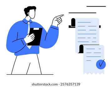 A business professional in a blue shirt and tie holding a clipboard and pointing at a document with a blue checkmark. Ideal for business, office work, documentation, professional approval