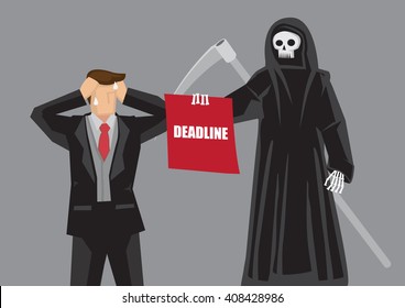 Business professional break down in front of Death character holding a board with text Deadline. Creative cartoon vector illustration on stressful deadline and time management at work.
