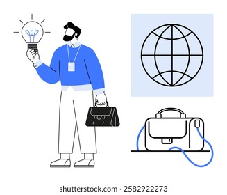 Business professional with a briefcase holding a lightbulb, globe icon, briefcase. Ideal for innovation, entrepreneurship, business strategy, global connections, corporate training, creative