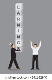 Business professional carries letter blocks that form text Earnings. Creative vector illustration for financial concept on business that delivers earnings to shareholders.